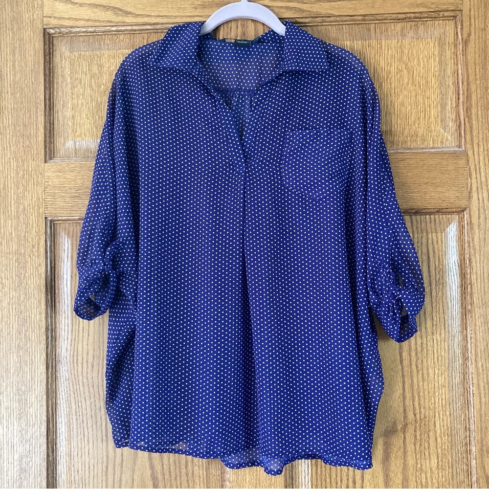 5/$15 Antilia Femme Purple-Blue & Polka Dot Sheer Top Large